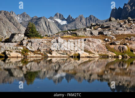 WYOMING - i vertici della Wind River gamma riflettendo in un piccolo lago nel Titcomb bacino in Bridger Wilderness Area. Foto Stock