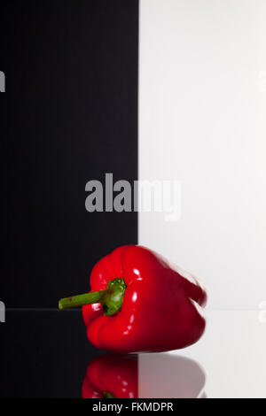 Unico red pepper isolato in bianco e nero e sfondo scrivania in vetro Foto Stock