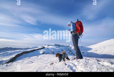 Escursionista controllando la loro posizione GPS sul Hartsop sopra come che conduce verso la rupe di Hart. Lake District inglese. Foto Stock