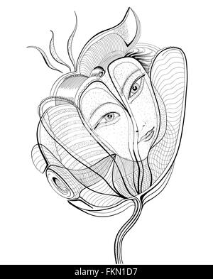 Surreale disegno a mano fiore con volto femminile. Abstract graphic design. Illustrazione Vettoriale