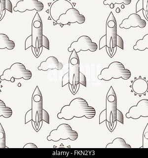 Vector seamless pattern con razzi, nuvole e sole Illustrazione Vettoriale