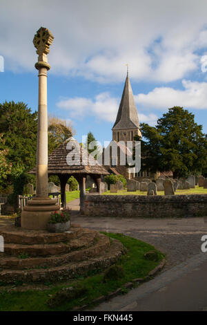 St James Chiesa,Shere è un grado che ho elencato la chiesa normanna di costruzione, edificata nel XII secolo Shere è un vecchio villaggio di stile Foto Stock