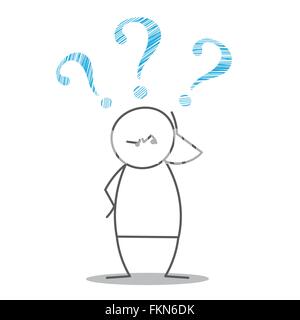 Doodle uomo con punti interrogativi. Illustrazione Vettoriale
