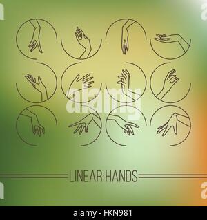 Set di icone di vettore di mappatura lineare grazioso mani femminili Illustrazione Vettoriale
