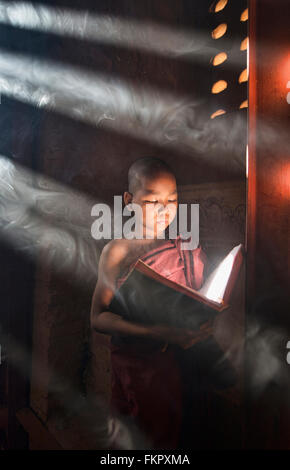 Un giovane monaco di lettura con raggi di sole e in templi di Bagan, Myanmar Foto Stock