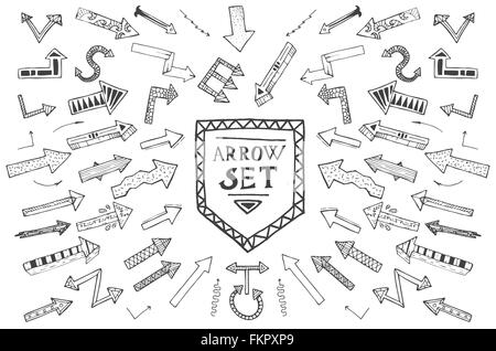 Disegnato a mano le icone freccia imposta isolati su sfondo bianco. Illustrazione Vettoriale. L'istruzione o il concetto di business. Illustrazione Vettoriale