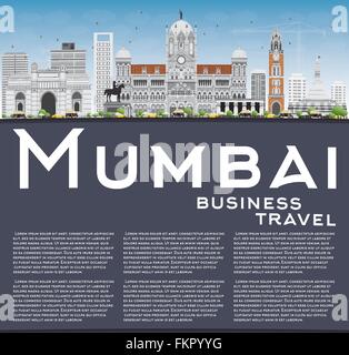 Mumbai Skyline con punti di riferimento di colore grigio e blu del cielo. Illustrazione Vettoriale. Viaggi di affari e turismo concetto con copia spazio. Immagine Illustrazione Vettoriale