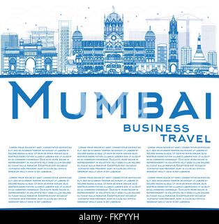 Profilo dello Skyline di Mumbai con punti di riferimento di colore blu. Illustrazione Vettoriale. Viaggi di affari e turismo concetto con copia spazio. Illustrazione Vettoriale