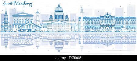 Profilo San Pietroburgo skyline con edifici blu e riflessi. Illustrazione Vettoriale. Viaggi di affari e turismo concept Illustrazione Vettoriale