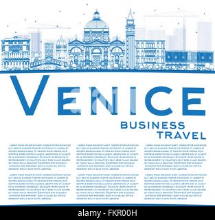 Profilo dello skyline di Venezia con silhouette di Edifici blu. Illustrazione Vettoriale. Viaggi di affari e turismo concetto con copia spazio. Illustrazione Vettoriale