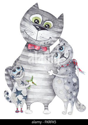 Funny cartoon acquerello dettagliata dipinte a mano e illustrazione con cat padre, madre e figlio su sfondo bianco Foto Stock