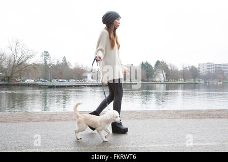 Donna Giapponese cane a piedi vicino al lago Foto Stock