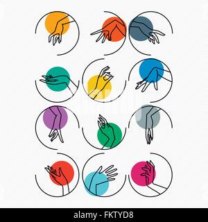 Set di icone di vettore di mappatura lineare grazioso mani femminili in vari gesti Illustrazione Vettoriale