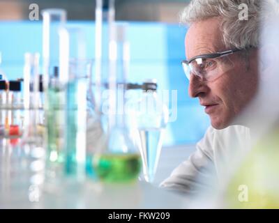 Scienziato preparazione di esperimento di chimica in laboratorio Foto Stock