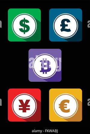 Moneta di Scambio icona simbolo set con lunga ombra Illustrazione Vettoriale