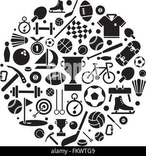 Vasta gamma di attrezzature sportive simboli disposti in forma circolare Illustrazione Vettoriale