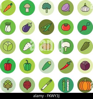 Raccolta di ortaggi contorno riempito le icone in cerchi verdi Illustrazione Vettoriale