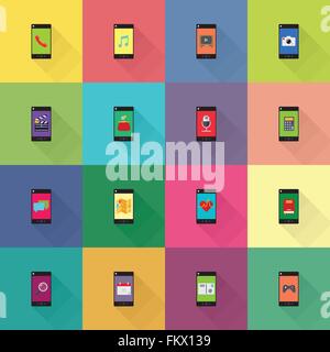 Raccolta di applicazioni mobile sui telefoni smart design piatto icone Illustrazione Vettoriale