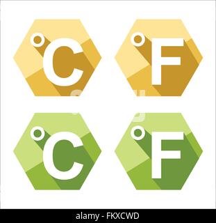 Design piatto Celsius e Fahrenheit simbolo Icon Set isolato su bianco Illustrazione Vettoriale