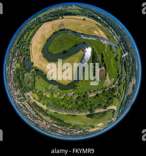 Vista aerea, Lippe meandri fluviali, Lippe pianure alluvionali, fisheye, in Hamm, distretto della Ruhr, Nord Reno-Westfalia, Germania Foto Stock