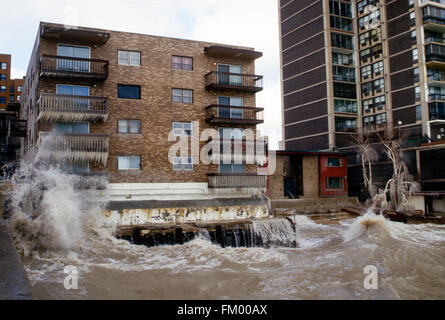 Chicago, Illinois, USA, 8 febbraio, 1987 una forte tempesta prodotta blizzard condizioni nella regione dei Grandi Laghi. I venti del nord di 50 a 70 mph sollevato il livello di acqua del sud del Lago Michigan due piedi e prodotto le onde 12 a 18 piedi alta. Le onde in crash il seawall che protegge questo edificio e lo spruzzo raggiunge oltre il rivestimento del tetto del lago rivolto verso il lato con un gelido smalto e formare ghiaccioli che pendono dai balconi. Credito: Mark Reinstein Foto Stock