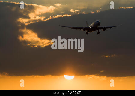 Aeroplano sull approccio finale all'aeroporto di Heathrow sulla sunset Foto Stock