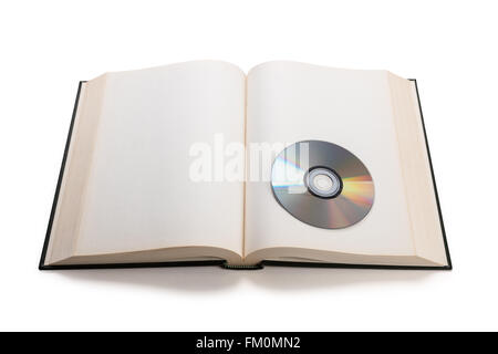 Aprire il libro e compact disk, concetto di informazioni digitali. Foto Stock