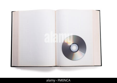 Aprire il libro e compact disk, concetto di informazioni digitali. Foto Stock