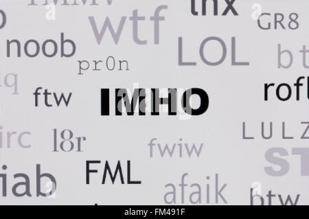 Parola di cloud comunemente usato internet slang evidenziando IMHO - USA Foto Stock