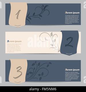 Cool blu ardesia set di banner con nastri numerati e degli elementi floreali Illustrazione Vettoriale