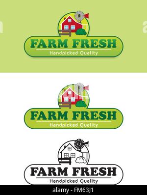 Ombreggiato, design piatto e in bianco e nero variazioni della fattoria fresco prodotto ed etichetta di confezionamento Illustrazione Vettoriale