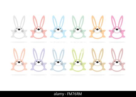 Set di dodici colorati coniglietti di pasqua su sfondo bianco, illustrazione vettoriale Illustrazione Vettoriale