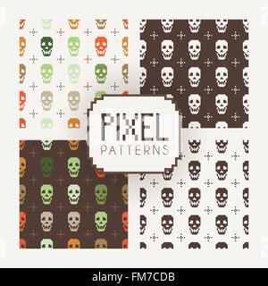 Set di vector seamless colorato e modelli monocromatici di teschi di pixel. Illustrazione Vettoriale