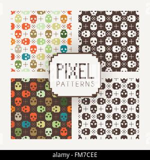 Set di vector seamless colorato e modelli monocromatici di teschi di pixel. Illustrazione Vettoriale