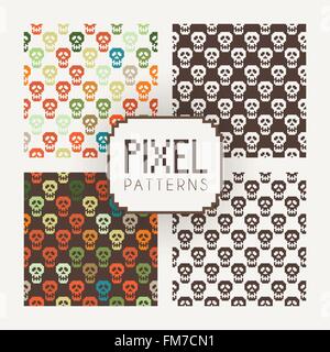 Set di vector seamless colorato e modelli monocromatici di teschi di pixel. Illustrazione Vettoriale