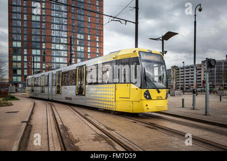 BBC Media City, tram Salford Quays, Manchester, Lancashire, Inghilterra Foto Stock