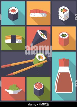 Design piatto illustrazione con sushi icone correlate Illustrazione Vettoriale