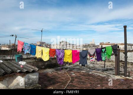 Cuba, Ciudad de la Habana Province, La Havana, Centro Habana district asciugabiancheria, sulla terrazza di un palazzo di appartamenti e vista sui tetti del centro Habana Foto Stock