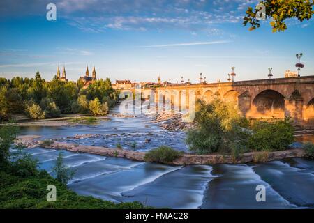 Francia, Allier, Moulins, vista dalla riva sinistra del fiume Allier e ponte Regemortes, chiesa del Sacro Cuore di Gesù e di Notre-Dame Foto Stock