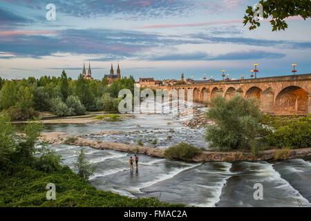 Francia, Allier, Moulins, vista dalla riva sinistra del fiume Allier e ponte Regemortes, chiesa del Sacro Cuore di Gesù e di Notre-Dame Foto Stock