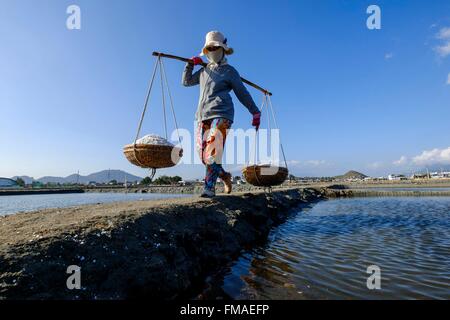 Il Vietnam, Ninh Thuan provincia, Phan Rang, salin, la raccolta del sale nel salins Foto Stock