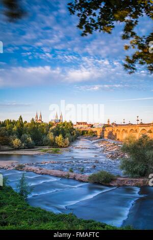 Francia, Allier, Moulins, vista dalla riva sinistra del fiume Allier e ponte Regemortes, chiesa del Sacro Cuore di Gesù e di Notre-Dame Foto Stock