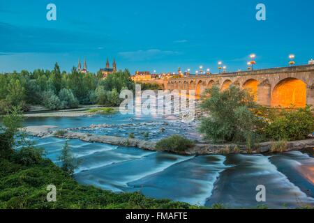 Francia, Allier, Moulins, vista dalla riva sinistra del fiume Allier e ponte Regemortes, chiesa del Sacro Cuore di Gesù e di Notre-Dame Foto Stock