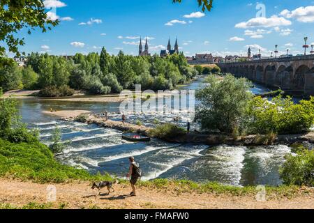 Francia, Allier, Moulins, vista dalla riva sinistra del fiume Allier e ponte Regemortes, chiesa del Sacro Cuore di Gesù e di Notre-Dame Foto Stock