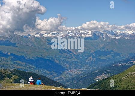 Francia, Savoie, Vanoise, La Plagne, affacciato con Mont Blanc da la Roche de Mio (2700m) Foto Stock