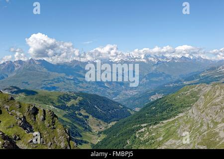 Francia, Savoie, Vanoise, La Plagne, affacciato con Mont Blanc da la Roche de Mio (2700m) Foto Stock