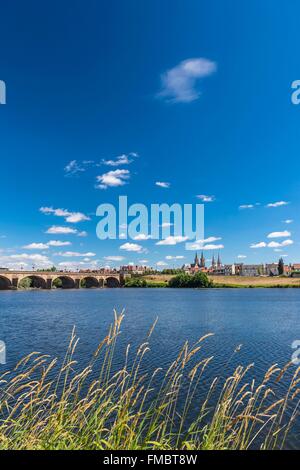 Francia, Allier, Moulins, vista dalla riva sinistra del fiume Allier e ponte Regemortes, chiesa del Sacro Cuore di Gesù e di Notre-Dame Foto Stock