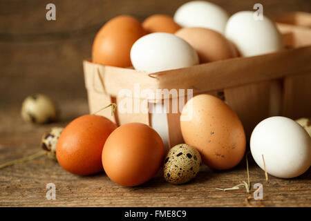 Carni di pollo e uova di quaglia su un legno sfondo rustico Foto Stock