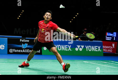 Birmingham. Undicesimo Mar, 2016. Lin Dan di Cina compete durante gli uomini singoli quarti match contro Jan O Jorgensen di Danmark al 2016 Overgrip Yonex All England Open Badminton Championships di Birmingham, Gran Bretagna il 11 marzo 2016. Credito: Tang Shi/Xinhua/Alamy Live News Foto Stock