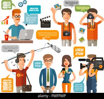 Fotografo e reporter, televisione, giornalismo piatto set di icone. illustrazione vettoriale Illustrazione Vettoriale